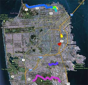 map of 9 unconnected locations in San Francisco appearing in the Bullitt car chase